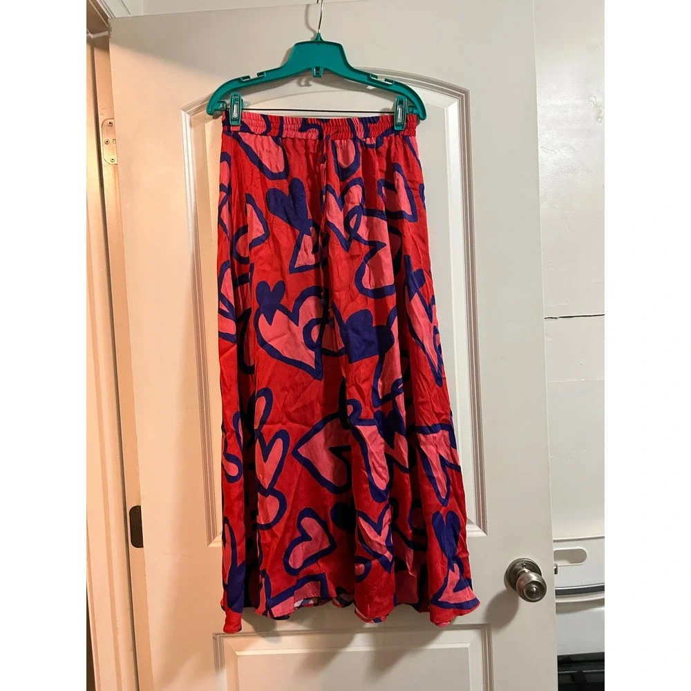 FARM Rio for Anthropologie Maxi Skirt Red Blue Pink Heart‎ Print Elastic Waist S